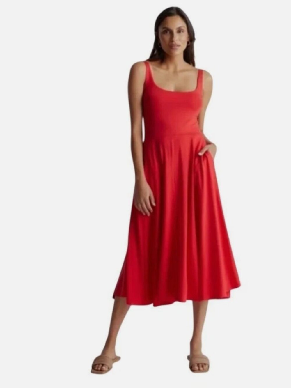 Quince Tencel Jersey Fit & Flare Red Sundress Med Midi Swing Pockets Tank Casual